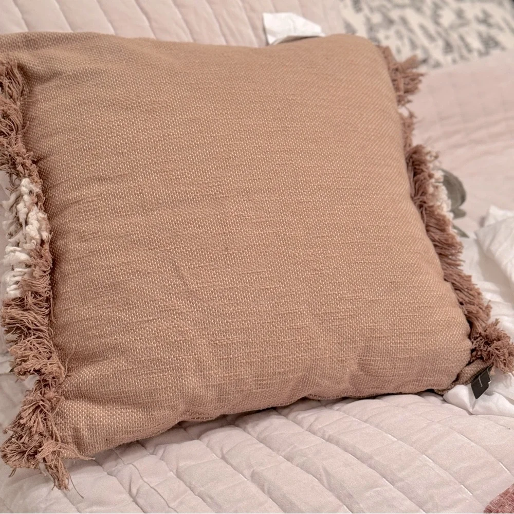 Woven Striped Square Throw Pillow Neutral/Cream: Fringed Trim Studio McGee
